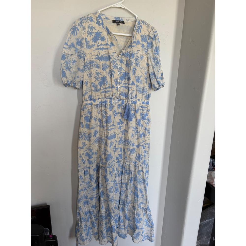 Laurel Grey Womens Blue Tropical Toile Midi Dress Elastic Waist Pockets Size M